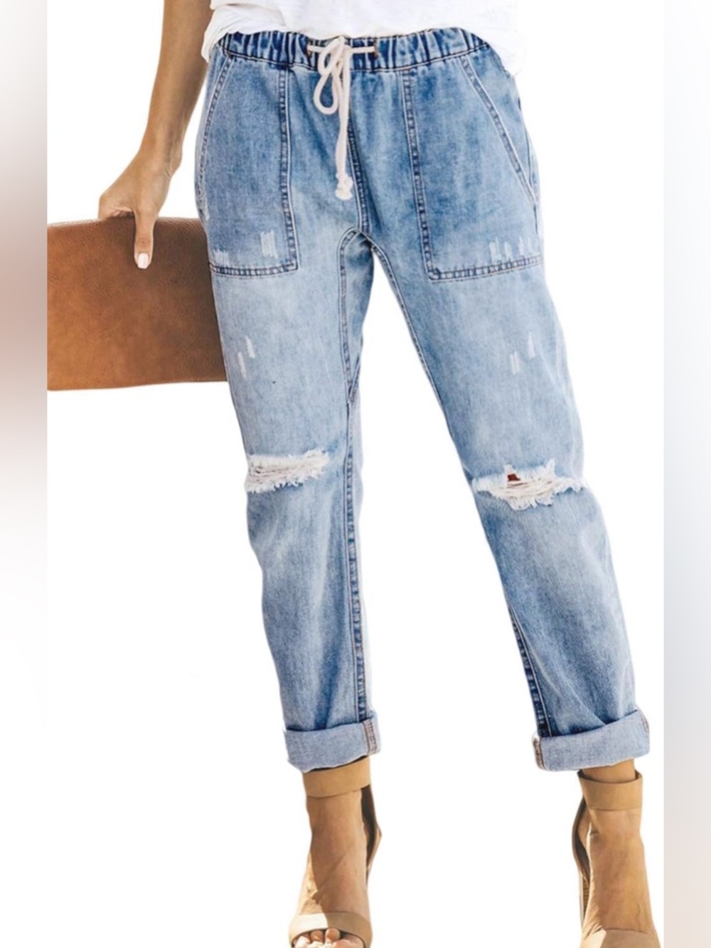 Light Wash Drawstring Relaxed Fit Women's Jeans